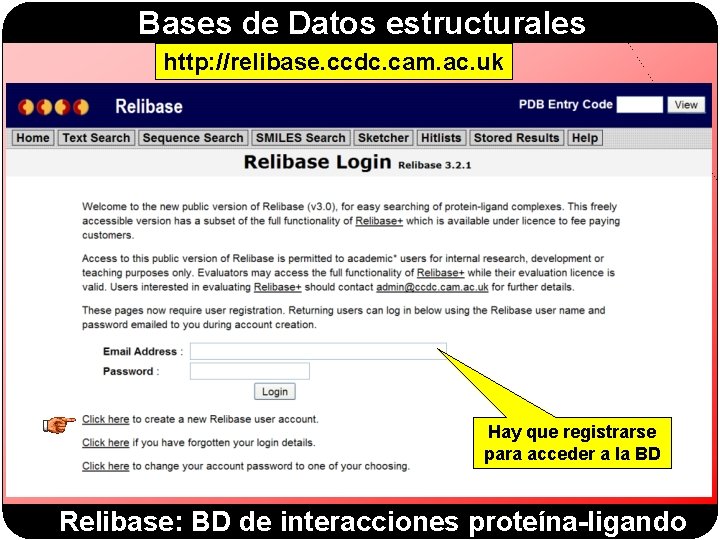 Bases de Datos estructurales http: //relibase. ccdc. cam. ac. uk Hay que registrarse para