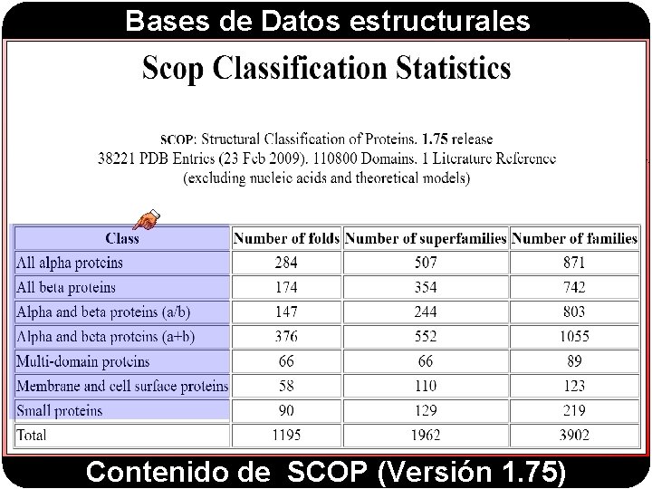 Bases de Datos estructurales Contenido de SCOP (Versión 1. 75) 