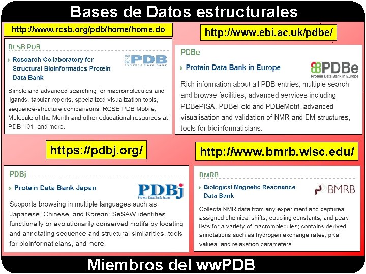 Bases de Datos estructurales http: //www. rcsb. org/pdb/home. do https: //pdbj. org/ http: //www.