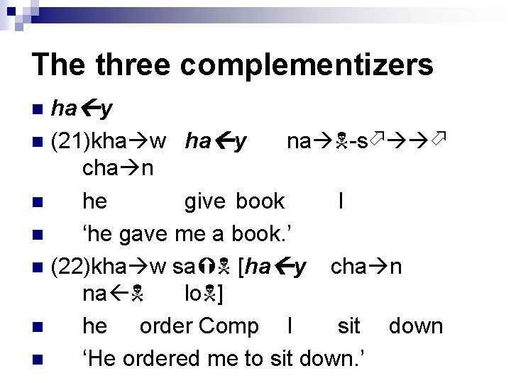 The three complementizers ha y n (21)kha w ha y na -s cha n