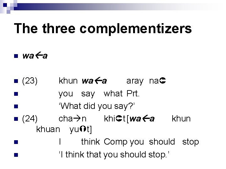 The three complementizers n wa a n (23) n n n khun wa a