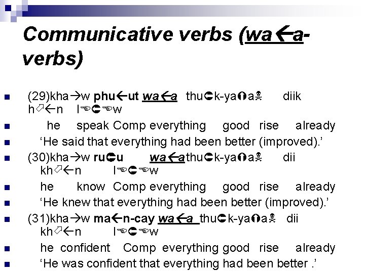 Communicative verbs (wa averbs) n n n n n (29)kha w phu ut wa