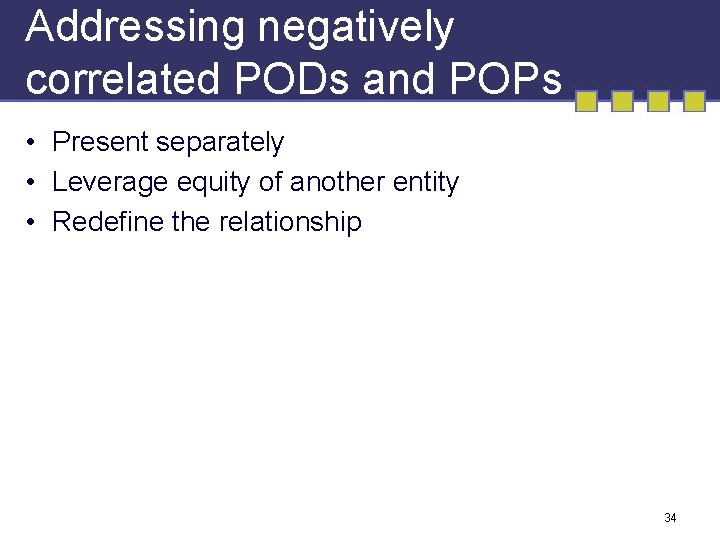 Addressing negatively correlated PODs and POPs • Present separately • Leverage equity of another