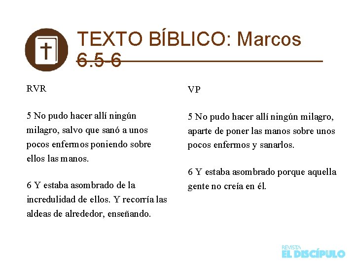 TEXTO BÍBLICO: Marcos 6. 5 -6 RVR VP 5 No pudo hacer allí ningún
