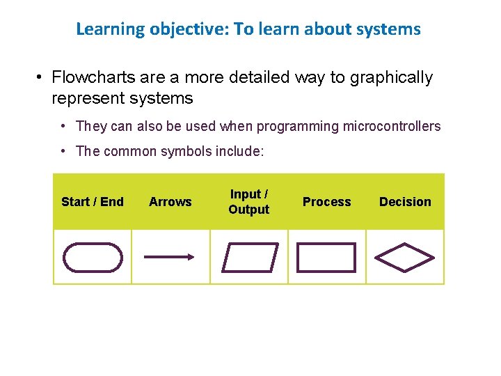Learning objective: To learn about systems • Flowcharts are a more detailed way to