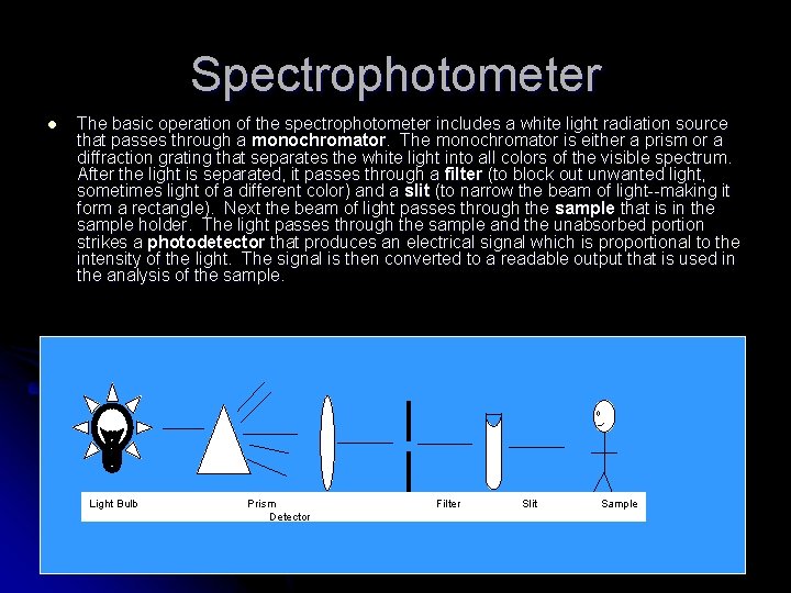 Spectrophotometer l The basic operation of the spectrophotometer includes a white light radiation source