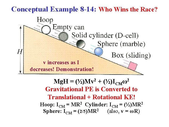 Conceptual Example 8 -14: Who Wins the Race? v increases as I decreases! Demonstration!