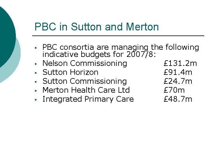 PBC in Sutton and Merton § § § PBC consortia are managing the following