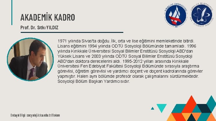 AKADEMİK KADRO Prof. Dr. Sıtkı YILDIZ 1971 yılında Sivas'ta doğdu. İlk, orta ve lise