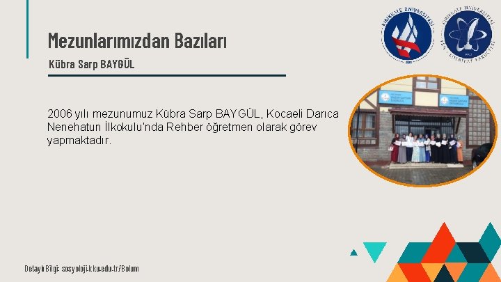 Mezunlarımızdan Bazıları Kübra Sarp BAYGÜL 2006 yılı mezunumuz Kübra Sarp BAYGÜL, Kocaeli Darıca Nenehatun