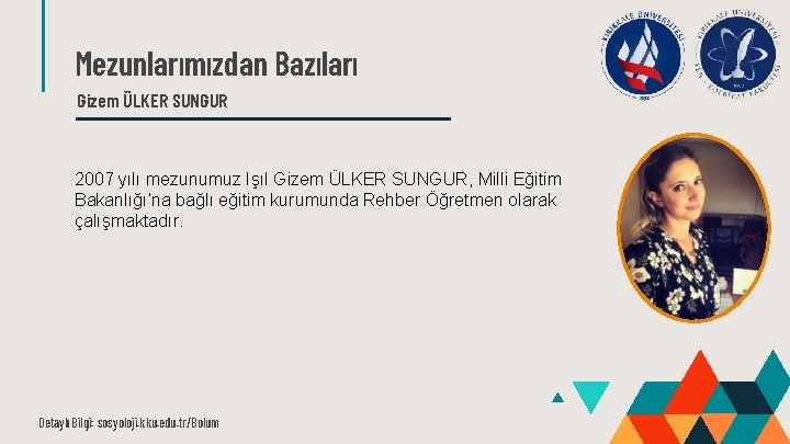 Mezunlarımızdan Bazıları Gizem ÜLKER SUNGUR 2007 yılı mezunumuz Işıl Gizem ÜLKER SUNGUR, Milli Eğitim