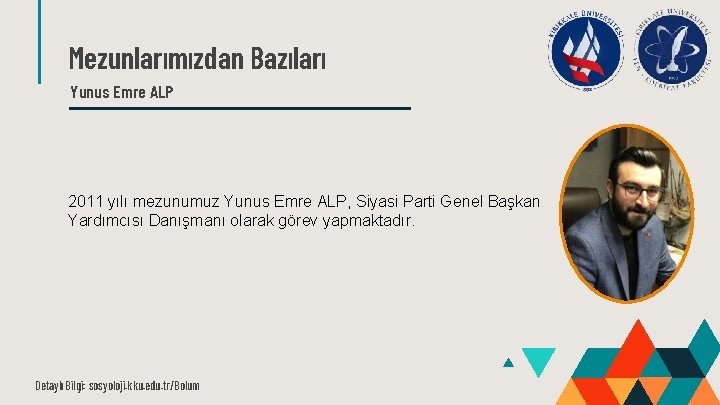 Mezunlarımızdan Bazıları Yunus Emre ALP 2011 yılı mezunumuz Yunus Emre ALP, Siyasi Parti Genel