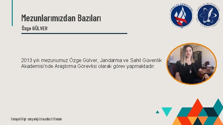 Mezunlarımızdan Bazıları Özge GÜLVER 2013 yılı mezunumuz Özge Gülver, Jandarma ve Sahil Güvenlik Akademisi’nde