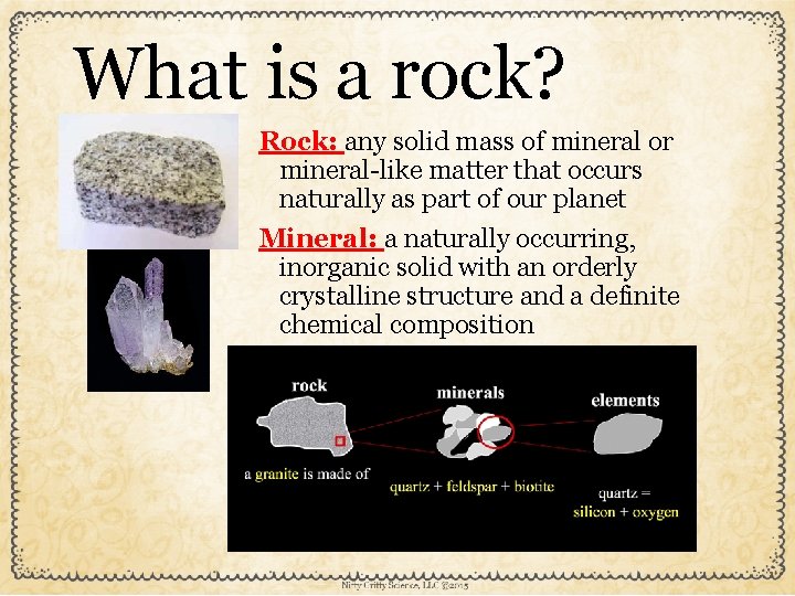 What is a rock? Rock: any solid mass of mineral or mineral-like matter that