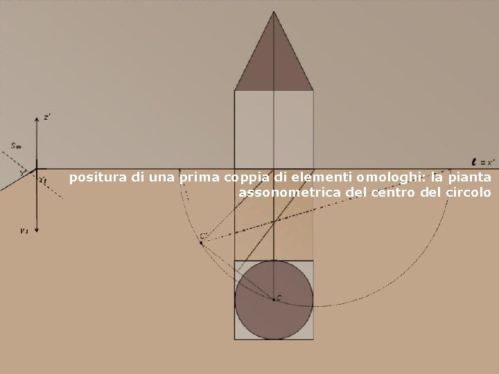 positura di una prima coppia di elementi omologhi: la pianta assonometrica del centro del