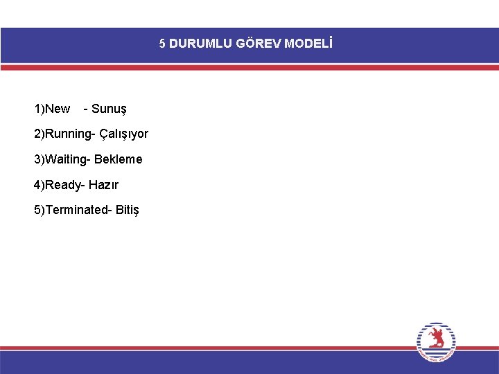 5 DURUMLU GÖREV MODELİ 1)New - Sunuş 2)Running- Çalışıyor 3)Waiting- Bekleme 4)Ready- Hazır 5)Terminated-