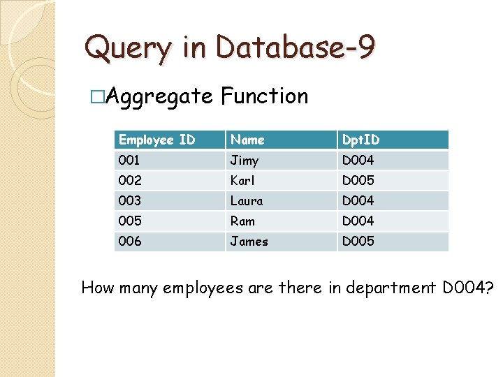 Query in Database-9 �Aggregate Function Employee ID Name Dpt. ID 001 Jimy D 004