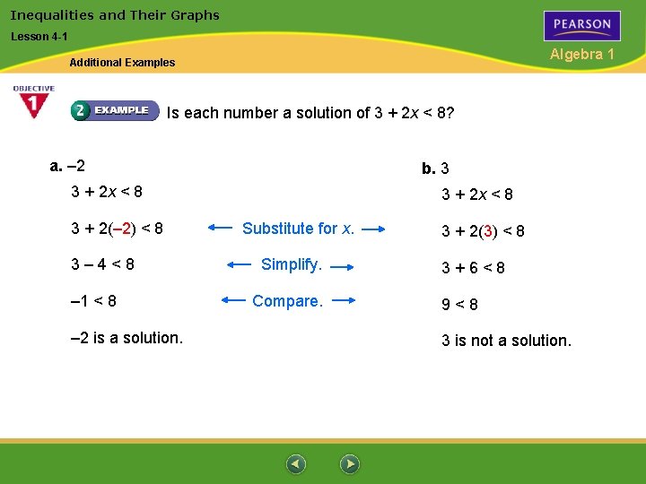 Inequalities and Their Graphs Lesson 4 -1 Algebra 1 Additional Examples Is each number