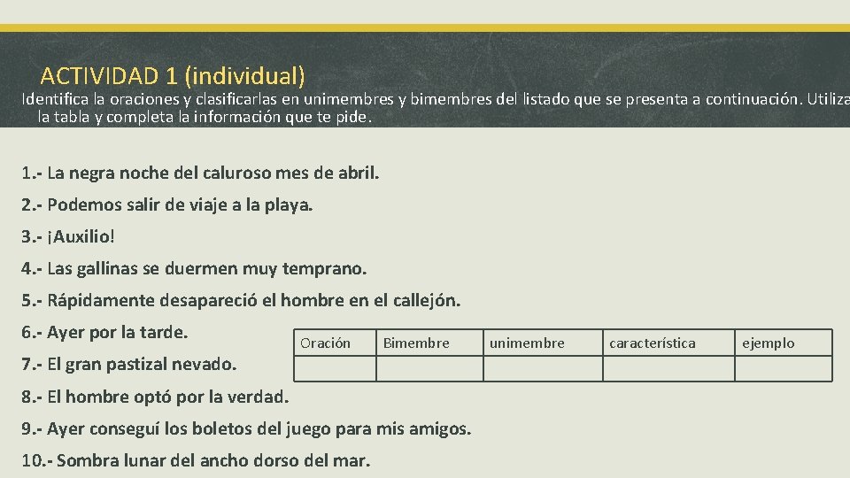 ACTIVIDAD 1 (individual) Identifica la oraciones y clasificarlas en unimembres y bimembres del listado