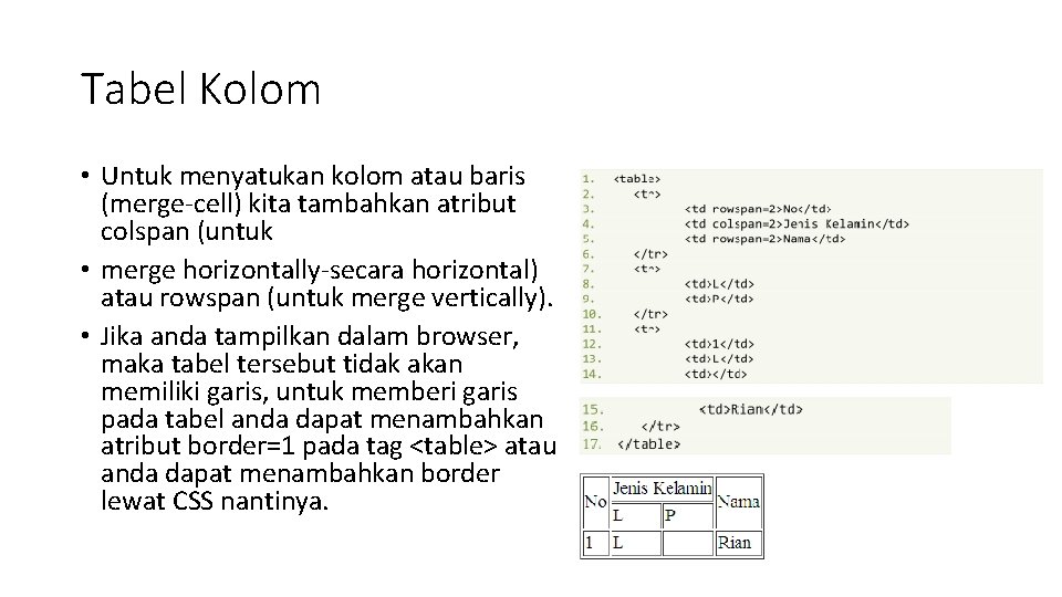 Tabel Kolom • Untuk menyatukan kolom atau baris (merge-cell) kita tambahkan atribut colspan (untuk