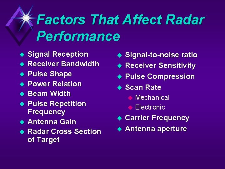 Factors That Affect Radar Performance u u u u Signal Reception Receiver Bandwidth Pulse