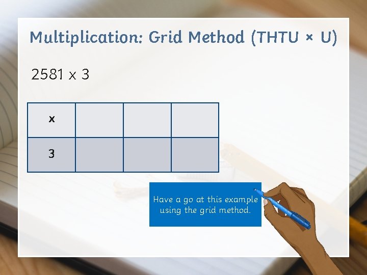 Multiplication: Grid Method (THTU × U) 2581 x 3 Have a go at this Multiplication: Grid Method (THTU × U) 2581 x 3 Have a go at this
