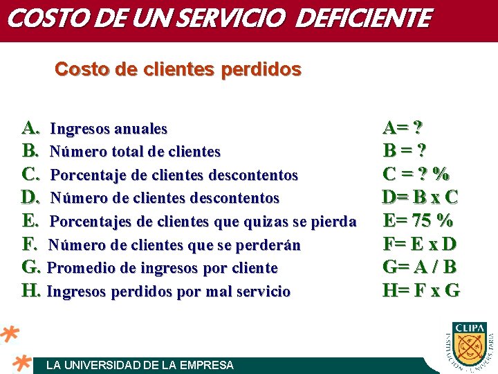 COSTO DE UN SERVICIO DEFICIENTE Costo de clientes perdidos A. Ingresos anuales B. Número