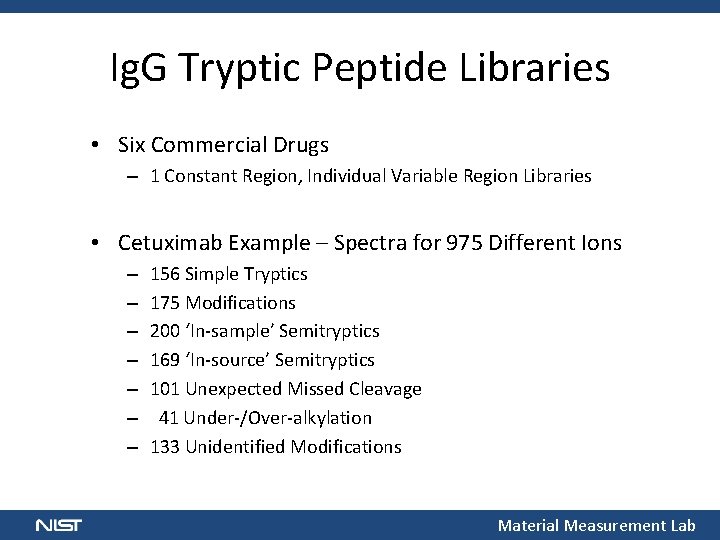 Ig. G Tryptic Peptide Libraries • Six Commercial Drugs – 1 Constant Region, Individual