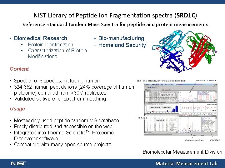 NIST Library of Peptide Ion Fragmentation spectra (SRD 1 C) Reference Standard tandem Mass