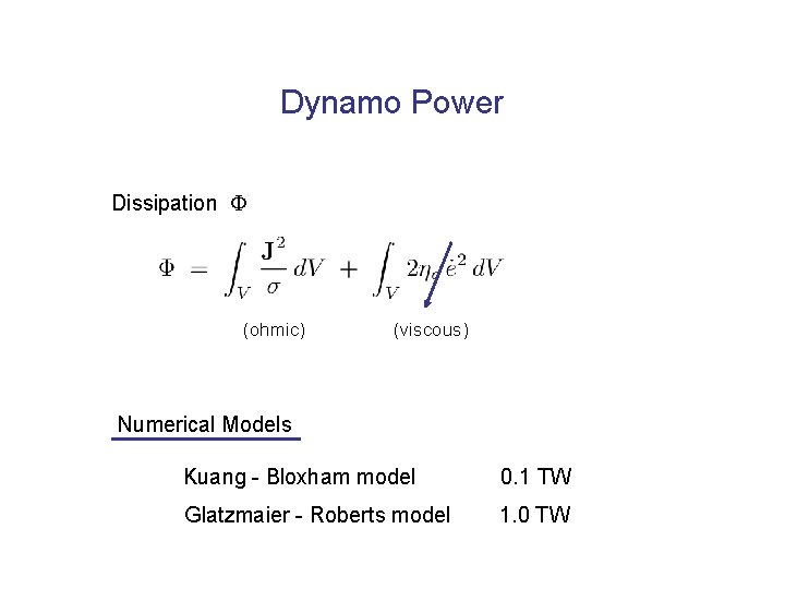 Dynamo Power Dissipation (ohmic) (viscous) Numerical Models Kuang - Bloxham model 0. 1 TW