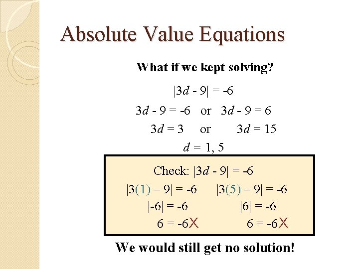 Absolute Value Equations What if we kept solving? |3 d - 9| = -6 Absolute Value Equations What if we kept solving? |3 d - 9| = -6