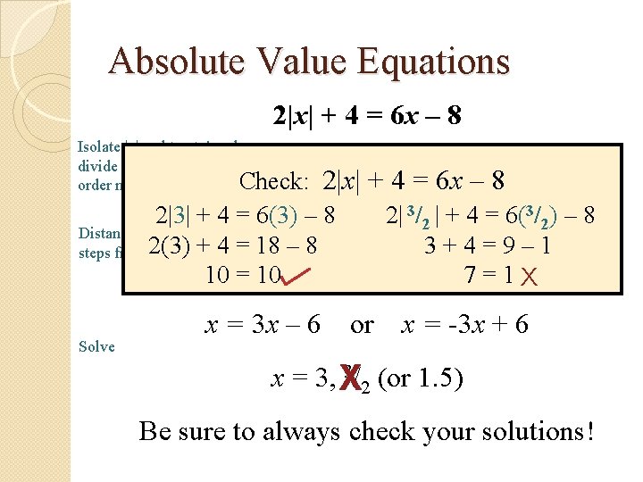 Absolute Value Equations 2|x| + 4 = 6 x – 8 Isolate |x|: subtract