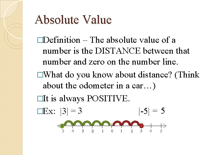 Absolute Value �Definition – The absolute value of a number is the DISTANCE between Absolute Value �Definition – The absolute value of a number is the DISTANCE between