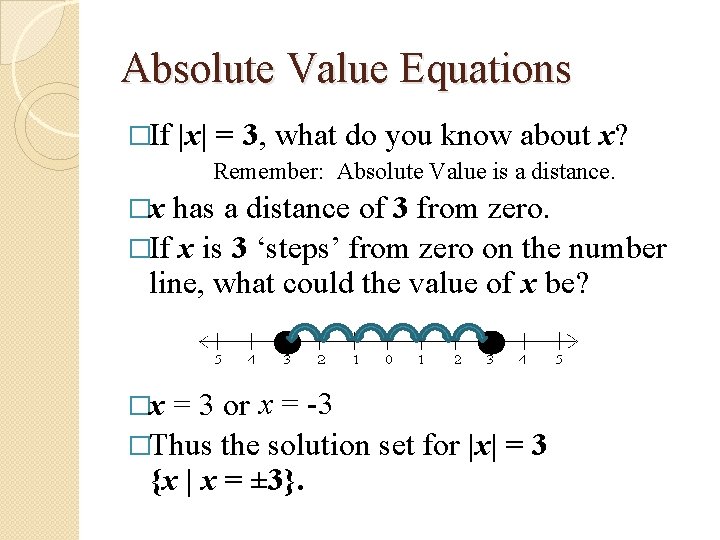 Absolute Value Equations �If |x| = 3, what do you know about x? Remember: