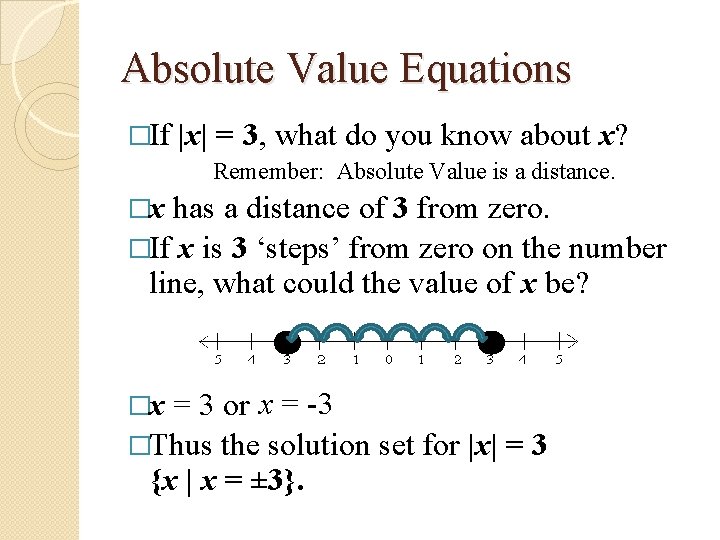 Absolute Value Equations �If |x| = 3, what do you know about x? Remember: Absolute Value Equations �If |x| = 3, what do you know about x? Remember: