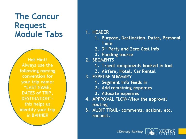 The Concur Request Module Tabs Hot Hint! Always use the following naming convention for