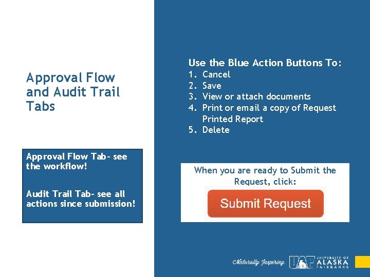 Use the Blue Action Buttons To: Approval Flow and Audit Trail Tabs Approval Flow