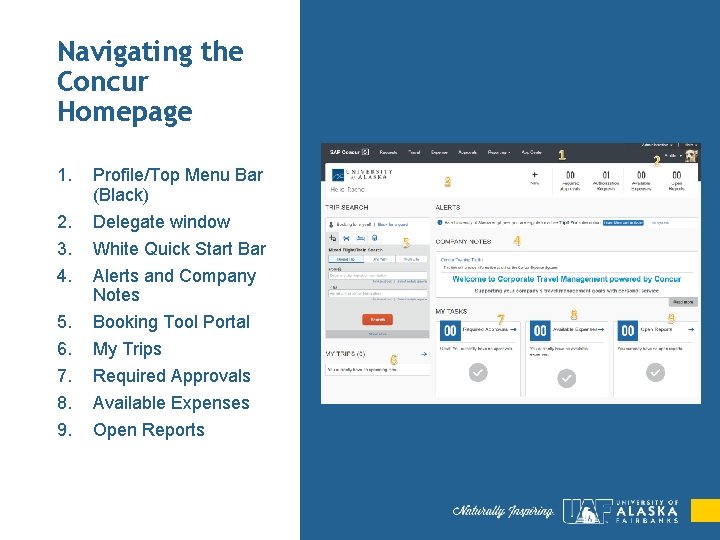 Navigating the Concur Homepage 1. 2. 3. 4. 5. 6. 7. 8. 9. Profile/Top