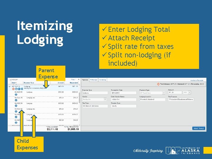 Itemizing Lodging Parent Expense Child Expenses ü Enter Lodging Total ü Attach Receipt ü