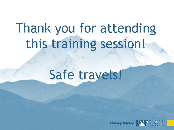 Thank you for attending this training session! Safe travels! 