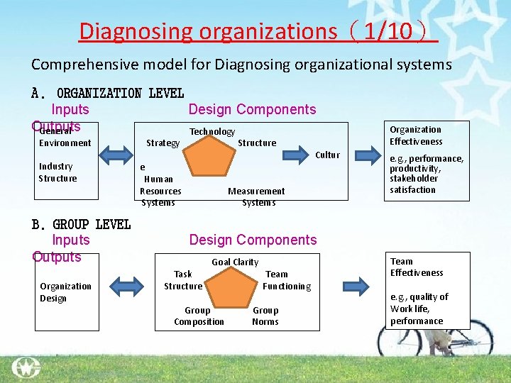 Diagnosing organizations（1/10） Comprehensive model for Diagnosing organizational systems A. ORGANIZATION LEVEL Inputs Design Components