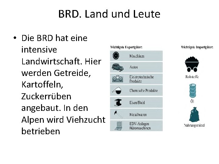 BRD. Land und Leute • Die BRD hat eine intensive Landwirtschaft. Hier werden Getreide,