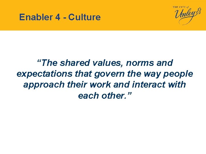 Enabler 4 - Culture “The shared values, norms and expectations that govern the way
