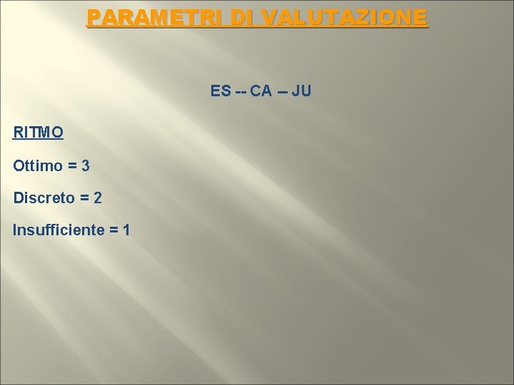 PARAMETRI DI VALUTAZIONE ES -- CA -- JU RITMO Ottimo = 3 Discreto =