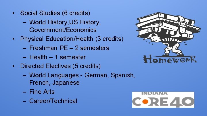  • Social Studies (6 credits) – World History, US History, Government/Economics • Physical