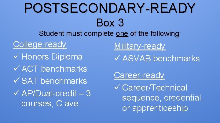 POSTSECONDARY-READY Box 3 Student must complete one of the following: College-ready ü Honors Diploma