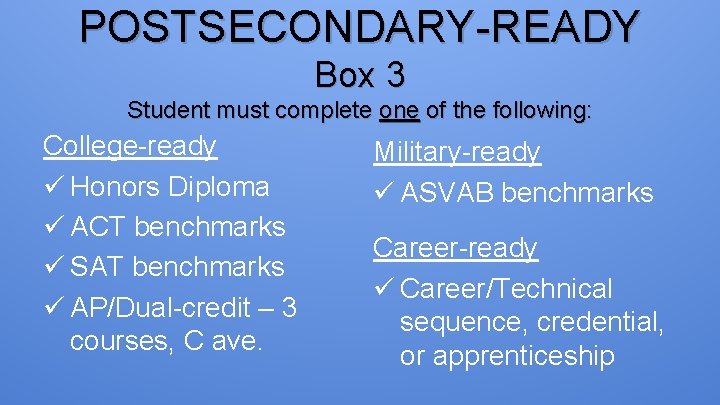 POSTSECONDARY-READY Box 3 Student must complete one of the following: College-ready ü Honors Diploma