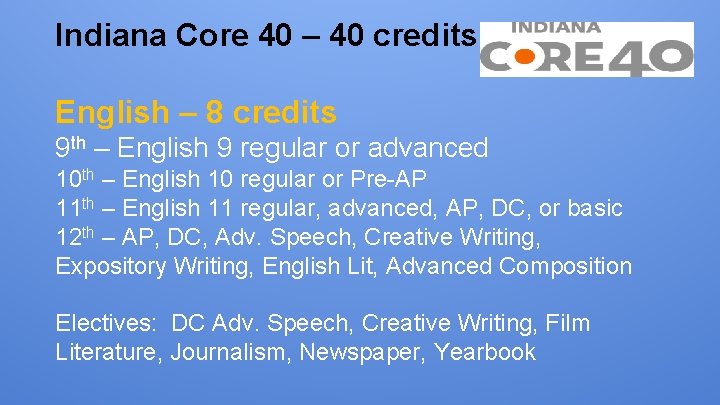 Indiana Core 40 – 40 credits English – 8 credits 9 th – English