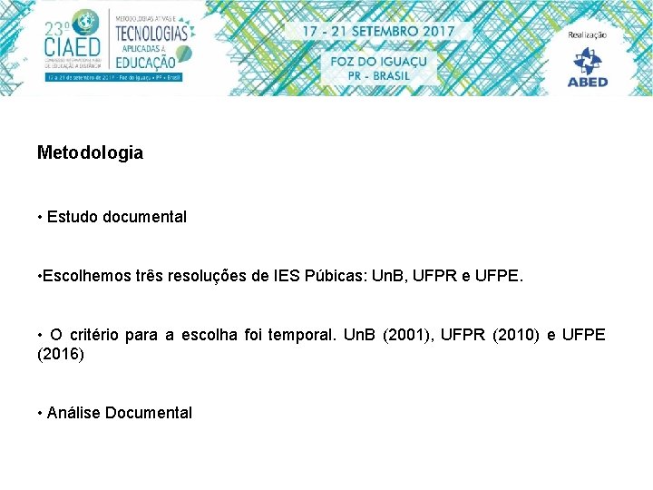 Metodologia • Estudo documental • Escolhemos três resoluções de IES Púbicas: Un. B, UFPR