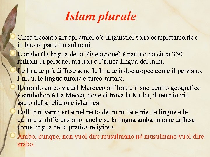 Islam plurale Circa trecento gruppi etnici e/o linguistici sono completamente o in buona parte